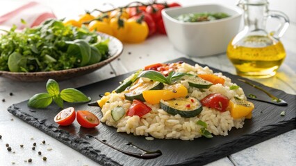 Vibrant Vegetable Risotto Presented on a Black Slate Plate
