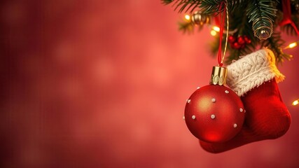 Obraz premium Decorated red ball hanging on Christmas tree with festive socks in background, festive, merry, seasonal