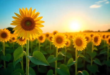 Obraz premium A vibrant sunflower field under a bright, clear blue sky.