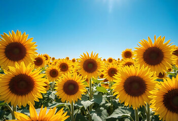 Obraz premium A vibrant sunflower field under a bright, clear blue sky.