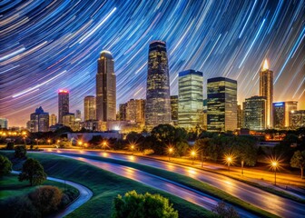 Fototapeta premium A breathtaking long-exposure photograph reveals Houston's cityscape in nocturnal silhouette.