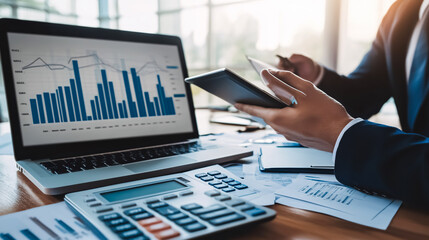 Business professionals meet, utilizing laptops, calculators, notebooks, and stock market charts to analyze plans aimed at improving quality for the next month.