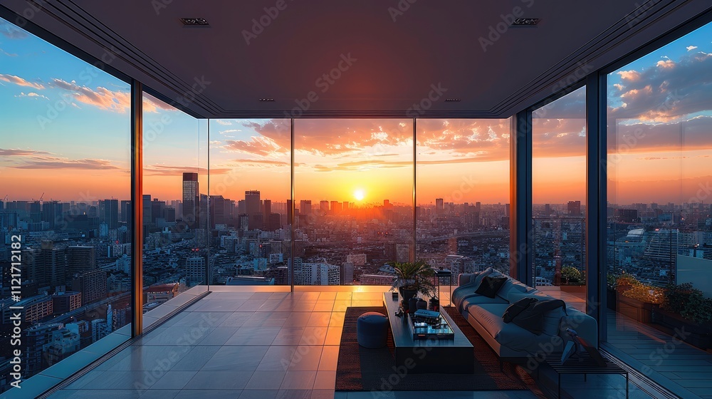 Poster view from the top floor of an office building overlooking city skyline the sky is clear at sunset cr