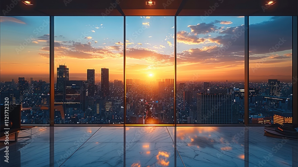 Poster view from the top floor of an office building overlooking city skyline the sky is clear at sunset cr