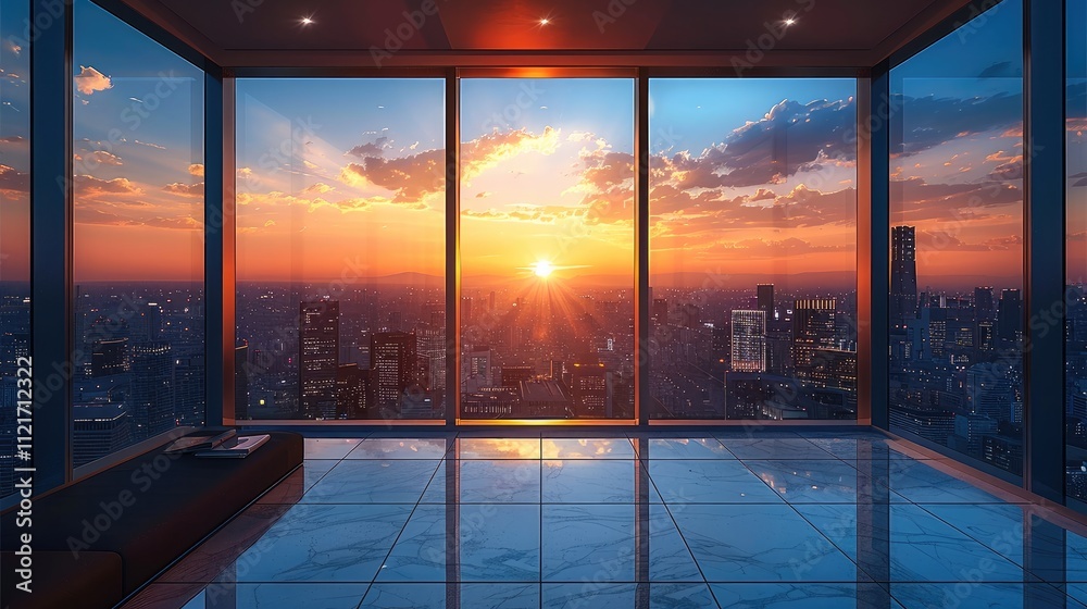 Poster view from the top floor of an office building overlooking city skyline the sky is clear at sunset cr