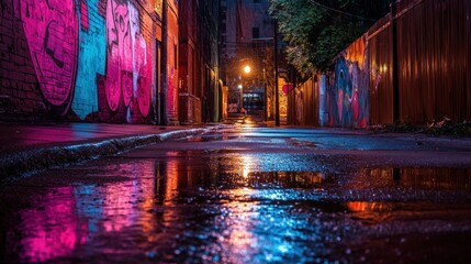 Obraz premium Neon-lit graffiti alley, rain-slicked street reflections.