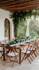 Fototapeta premium Long wooden tables are elegantly arranged outdoors, surrounded by vibrant greenery, with glassware and floral centerpieces set for a festive gathering at midday