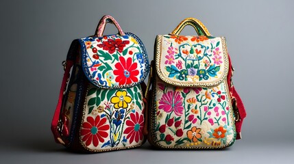 36. School bag set from Hungary with intricate folk designs and rich, cultural patterns