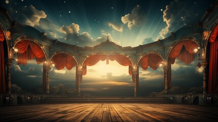 A dramatic circus stage frame with golden accents stands out against a classic backdrop.