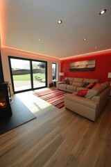 Fototapeta premium Cozy and Vibrant Modern Living Room with Panoramic View