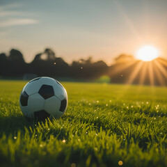 Close-up of soccer ball on field, football on ground with sunshine, A soccer ball lying on the grass field.