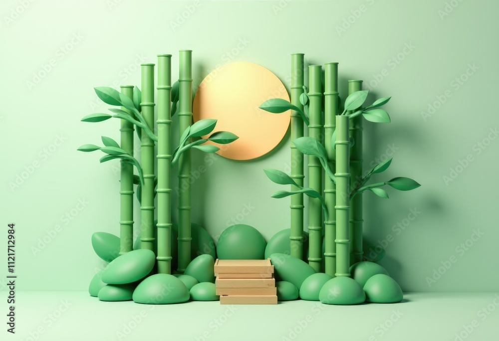 Poster 3d rendering of a minimalist bamboo forest with a wooden platform.