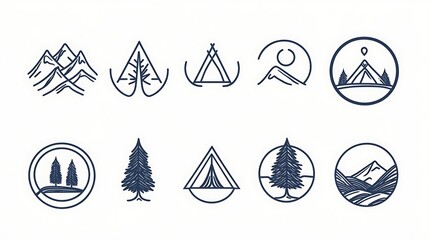 Minimalist line art designs of mountains, trees, and tents. Perfect for outdoor brands!