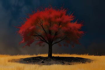 A solitary orange tree stands out against the dark forest during autumn twilight
