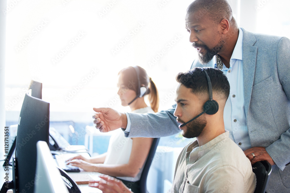 Poster call center, computer and man in training with leader for learning telemarketing and customer servic