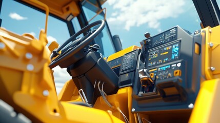 Detailed Closeup of a Yellow Heavy Machinery Cockpit Interior with Advanced Digital Dashboard and Controls