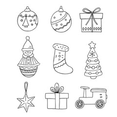 Christmas retro toys cute doodle vector set. Hand drawn illustration