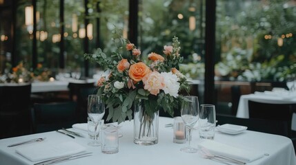 A beautifully arranged long table awaits guests, adorned with fresh flowers, in a peaceful garden filled with various tropical plants and soft lighting