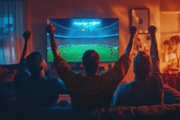 Exciting sports event watching home living room digital content cozy environment group perspective celebrating a victory