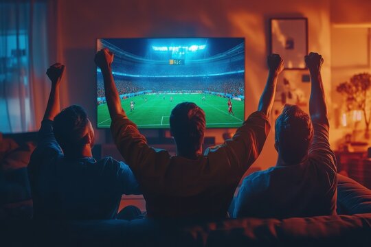Exciting sports event watching home living room digital content cozy environment group perspective celebrating a victory