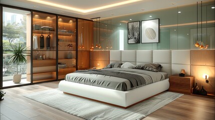 Beige colored modern bedroom, large bed with white headboard and grey fabric sheeting, modern wooden wardrobe attached to the wall.