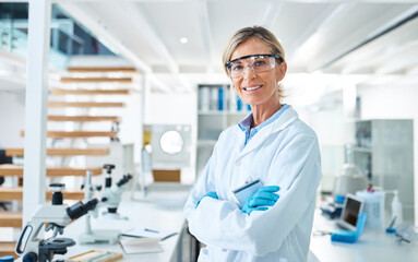 Female person, science lab and ppe in portrait for medical research, innovation and phd as...