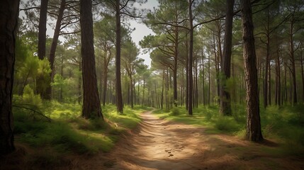 Obraz premium Sunlit Path Through A Lush Pine Forest