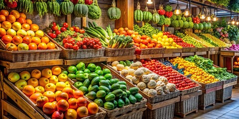 Obraz premium Colorful Fruits and Vegetables in a Rustic Market Stall - A Minimalist Photography Showcase of Fresh Produce at a Grocery Store for a Vibrant and Inviting Display