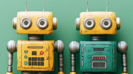Fototapeta premium Two colorful vintage robots with expressive faces stand against a bright green backdrop