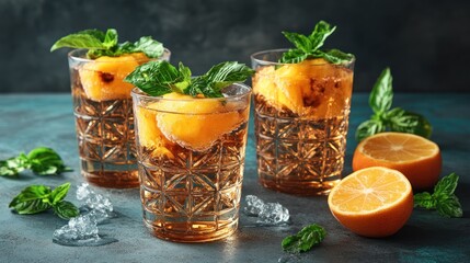 Three sparkling beverages are garnished with fresh mint and citrus on a colorful tabletop