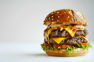Closeup of delicious burger isolated on white background. Burger with meat, making a burger at home. unhealthy fast food