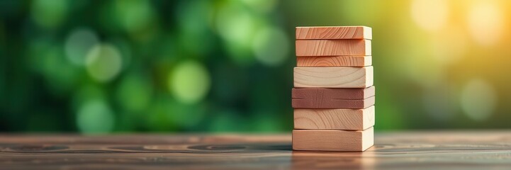 Wooden blocks pyramid on table with green bokeh background, product information, green, stacked
