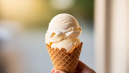 Two scoops of vanilla ice cream in a waffle cone
