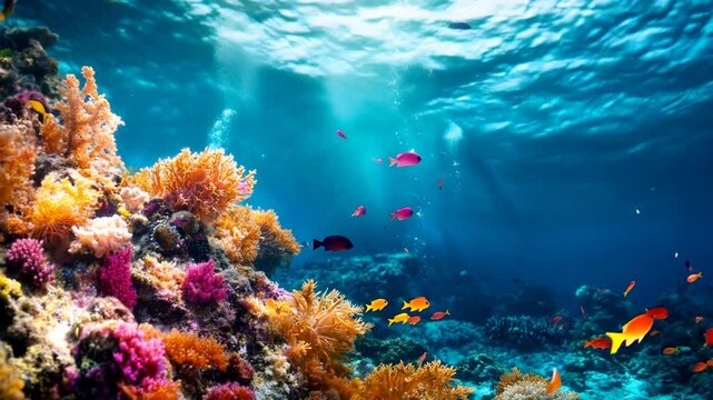 Fondo de arrecife de coral colorido con hermosos corales y vida marina en el oc&eacute;ano. Paisaje submarino. Video de una escena submarina colorida con corales y peces.