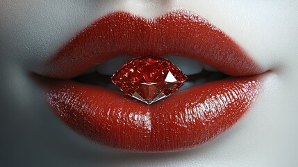 Glossy red lips hold a radiant diamond crystal, exuding beauty and elegance in captivating light
