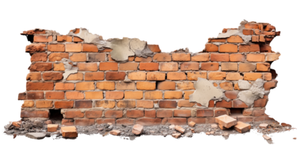 Weathered brick wall with peeling plaster and debris on a transparent background