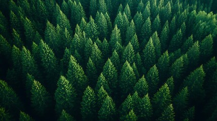 Dense evergreen forest viewed from above. Lush green canopy of trees.