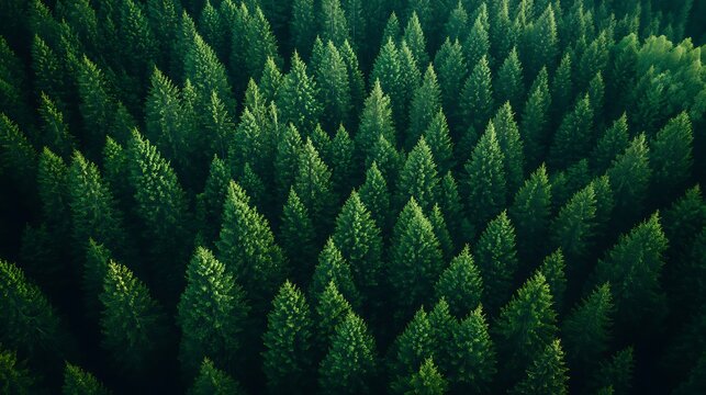 Dense evergreen forest viewed from above. Lush green canopy of trees.