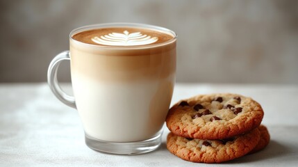 Enjoy the delightful pairing of a creamy latte and scrumptious chocolate chip cookies