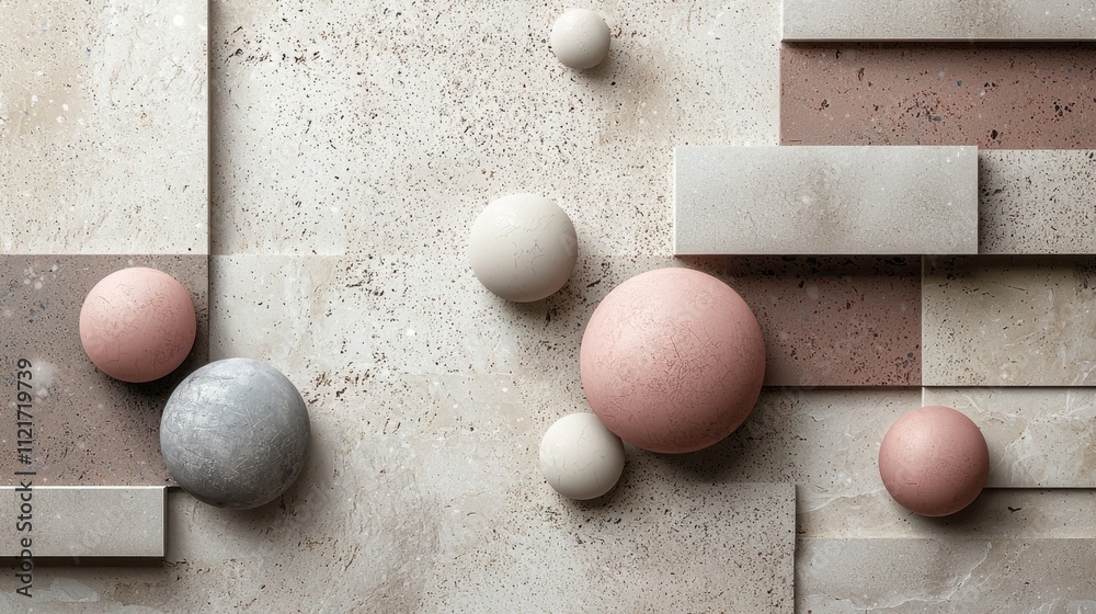 Poster Intricate geometric forms coexist in a tranquil arrangement, showcasing soft pastel hues and varied textures on a seamless backdrop. This composition evokes a sense of calm and balance