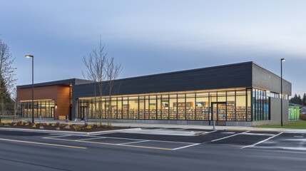 Obraz premium Illuminating Modern Retail Storefront Architecture in Suburban Setting