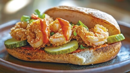 A close-up of a shrimp po' boy sandwich, packed with golden fried shrimp, tangy pickles, and a drizzle of hot sauce, served on a rustic plate at a seafood shack