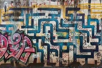 A vibrant graffiti artwork depicting a complex maze overlaid on a wall with various other tags and colors. The maze is the central focus, painted in dark blue against a lighter background.
