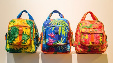 61. School bag set from Sri Lanka with vibrant, tropical patterns and rich, cultural colors