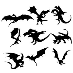 Dragon Silhouette. Dragon Crest Wings great set collection clip art Silhouette, dragon tattoo designs, Black vector illustration on white background .