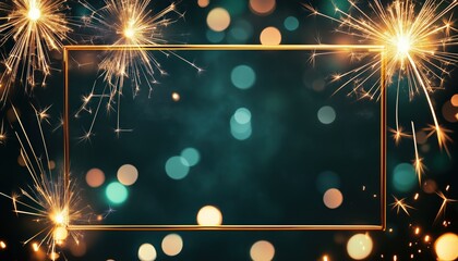 2024 New Year'S Eve Party Greeting Card Template: Gold Frame, Sparkling Sparklers, Bokeh Lights On Dark Green Black Night Sky Texture