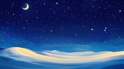 Fototapeta premium Desert dunes under celestial brilliance, expansive night sky filled with shimmering stars, soft moonlight casting delicate shadows, tranquil sandscape showcasing untouched beauty and timeless mystery