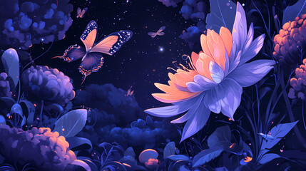 Butterflies fluttering around a fantastical flower. Arcadia. Illustration