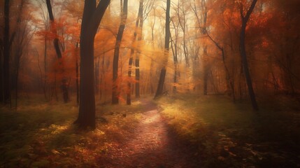 Obraz premium Autumn Path Through a Misty Forest of Orange and Gold