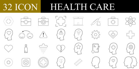 "32 healthcare line icons set featuring medical tools, mental health symbols, emergency kits, and hospital equipment, ideal for medical designs, apps, and presentations"